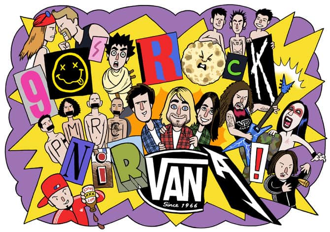 Kerrang! '90s Rock Nirvana! An illustration for Kerrang! Magazine (UK), celebrating the best of 90s Rock! https://phillipmarsden.com/filter/Kerrang%21/Kerrang-90s-Rock-Nirvana
