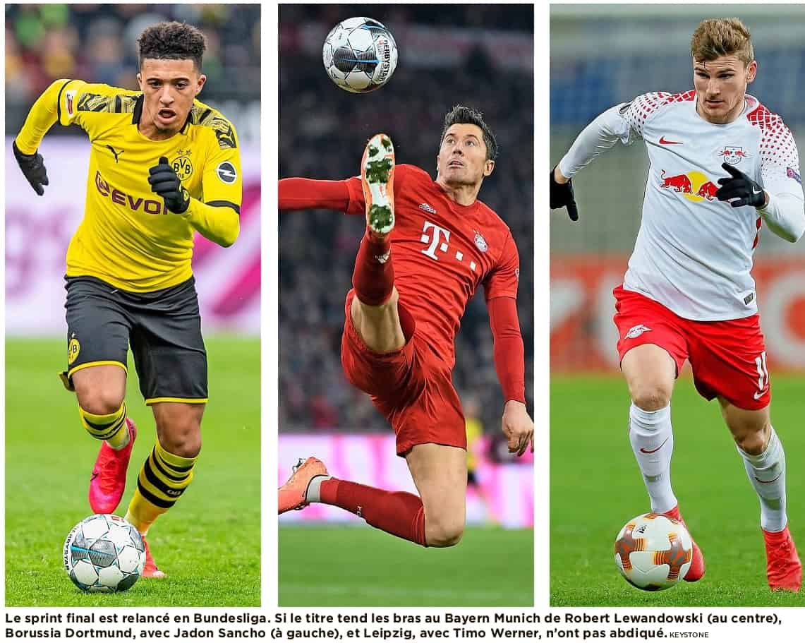 Le sprint final est relancé en Bundesliga. Si le titre tend les bras au Bayern Munich de Robert Lewandowski (au centre), Borussia Dortmund, avec Jadon Sancho (à gauche), et Leipzig, avec Timo Werner, n’ont pas abdiqué. KEYSTONE
