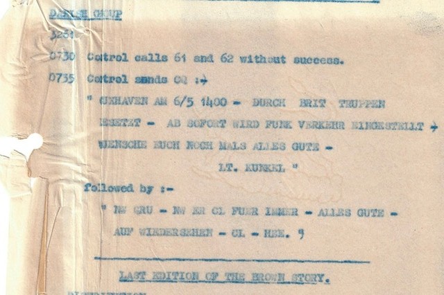La retranscription du dernier message envoyé par l'armée de l'air allemande, le 7 mai 1945. Image: GCHQ